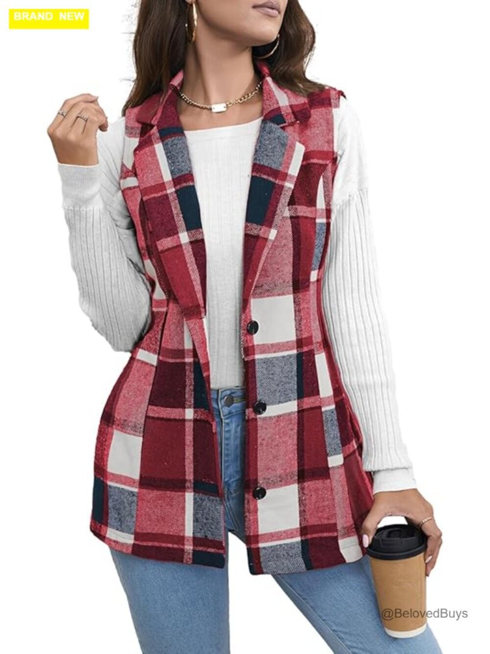 Women's Plaid Vest Cardigan Sleeveless Blazer Jacket Button Closure Machine